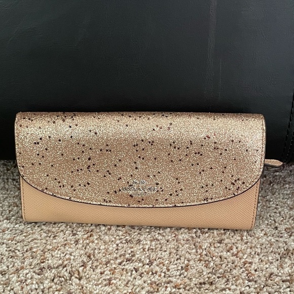 Coach Leather Envelope Wallet Sparkly Metallic Gold Clutch Evening Formal - Picture 12 of 12